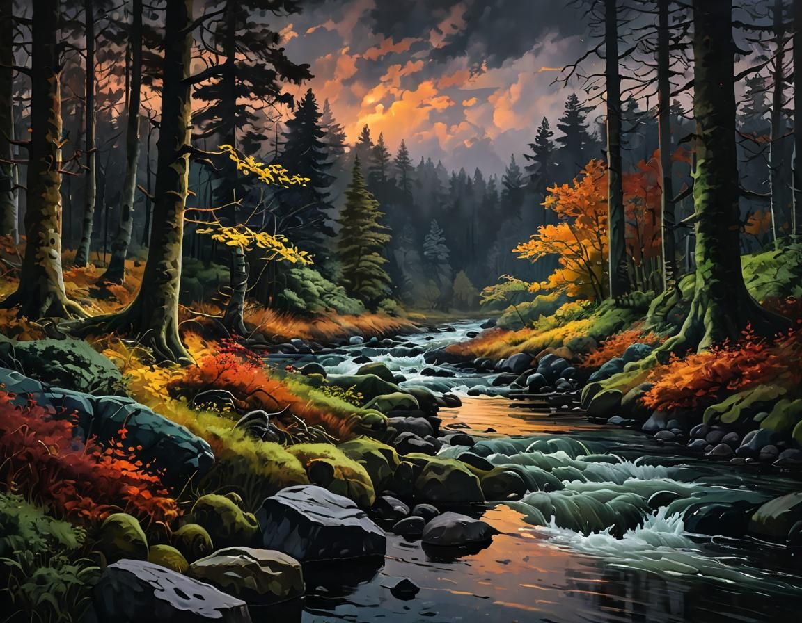 Autumn Forest River in Gouache Impasto Style