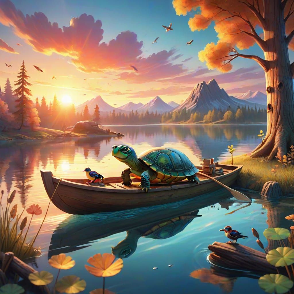 Glowing Turtle's Lake Journey: Fantasy Illustration