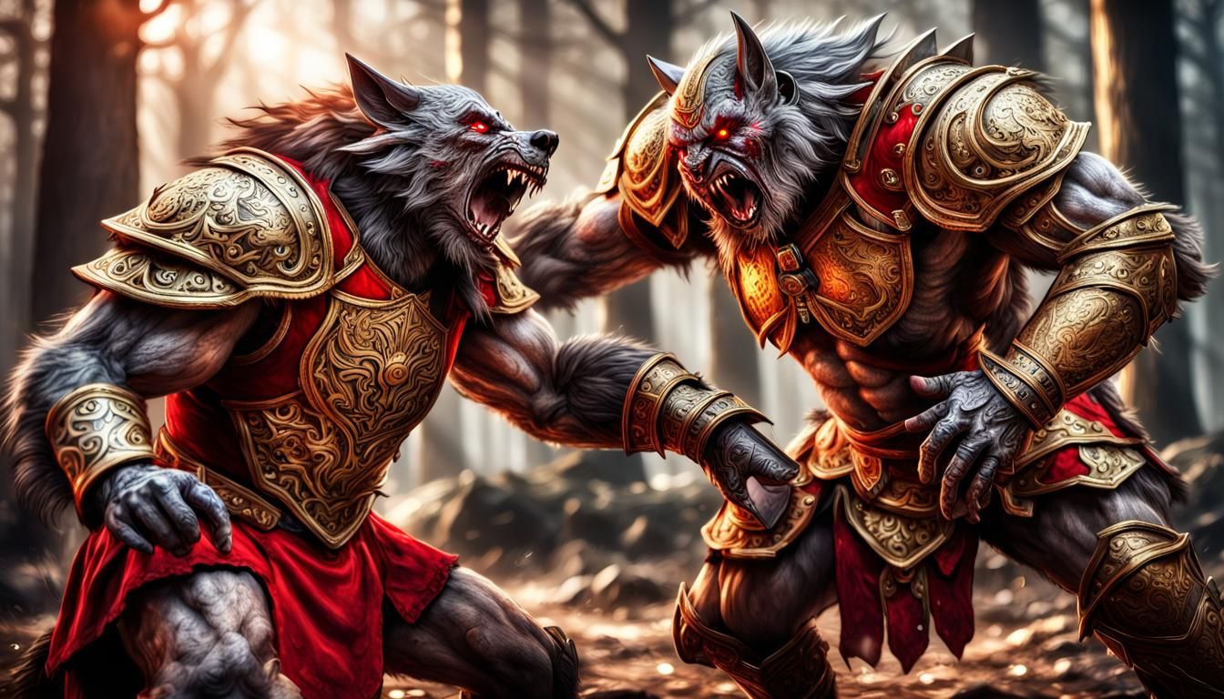 Werewolf vs Ogre Battle in Hyperrealistic Style