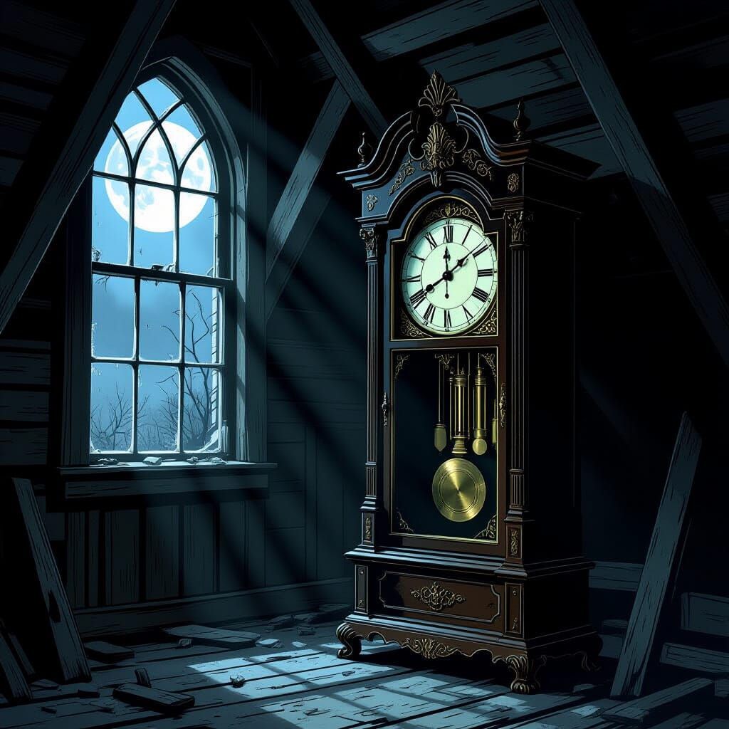 Melancholy Grandfather Clock in Dusty Attic
