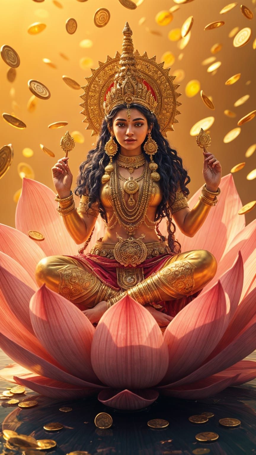 Goddess Lakshmi on Lotus: Detailed Matte Painting