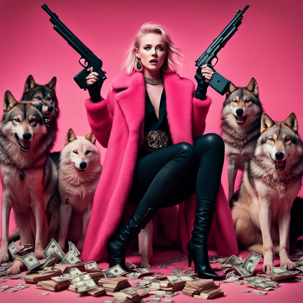 Cinematic Image of Woman Surrounded by Wolves and Money