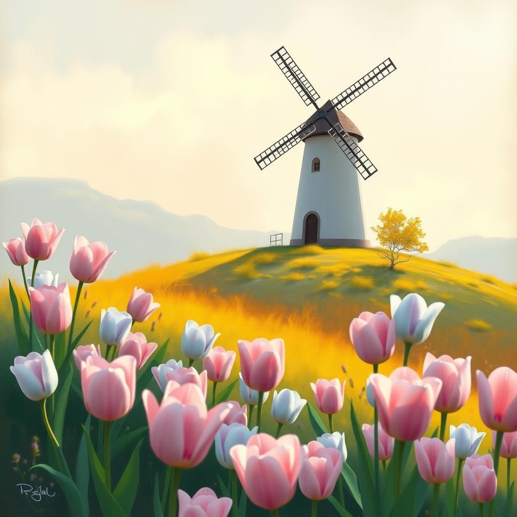 Pastel Tulips and Windmill in Impressionist Style