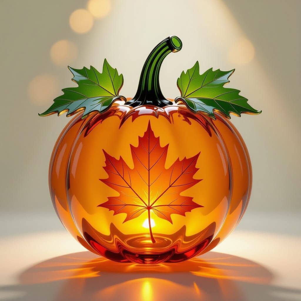 Glass Pumpkin With Iridescent Maple Leaf