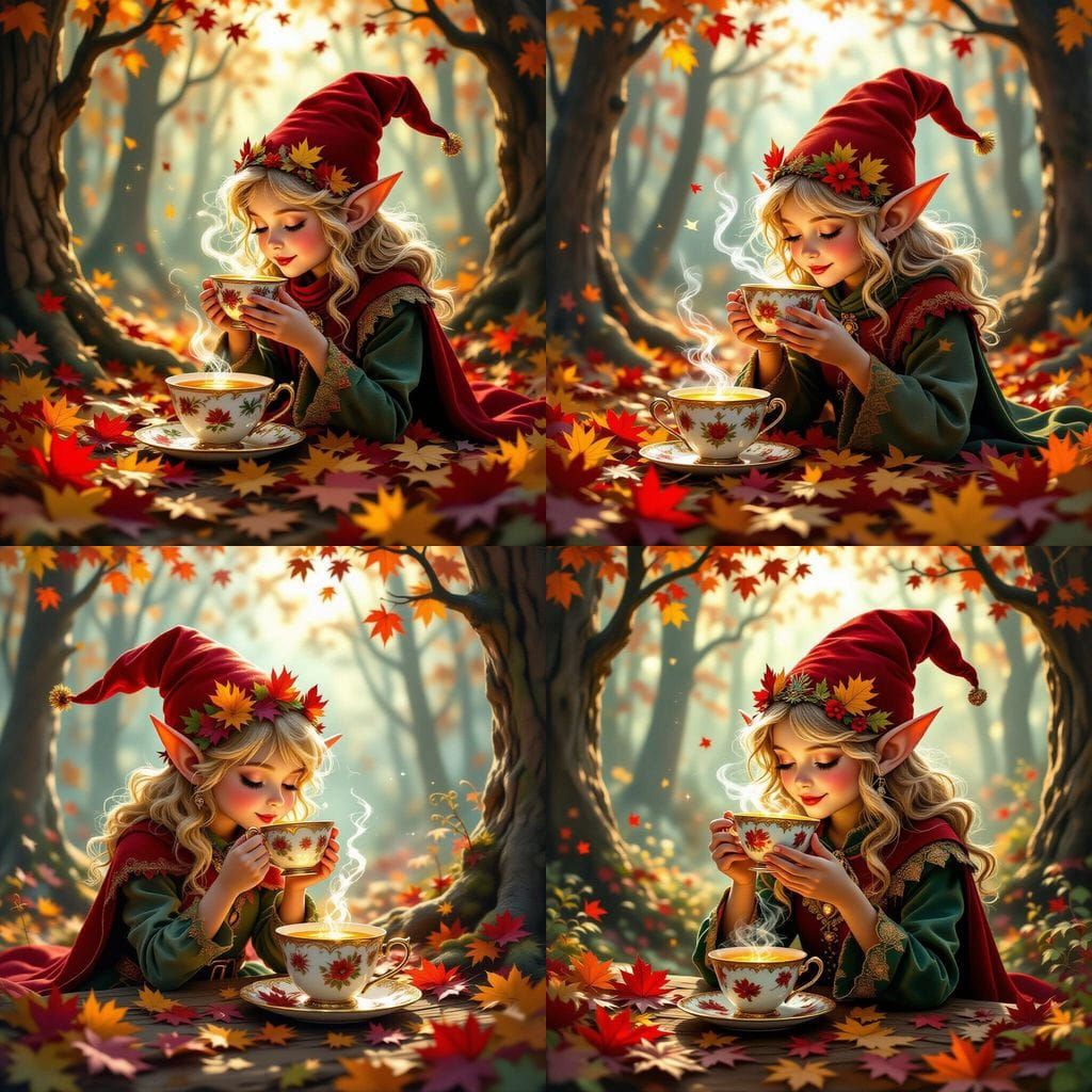 Whimsical Elf Sips Magic Potion in Autumn Forest