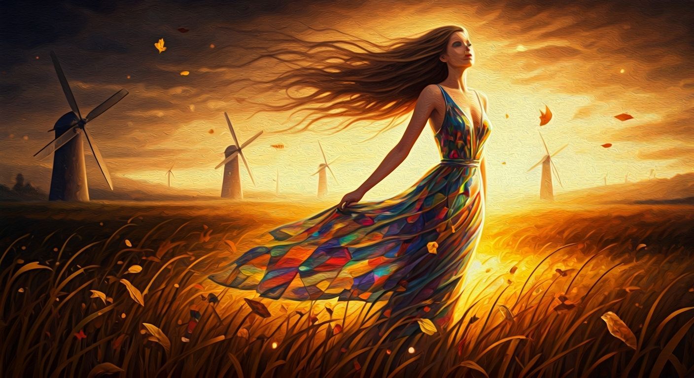 Ethereal Woman in Dreamy Landscape with Glass Dress