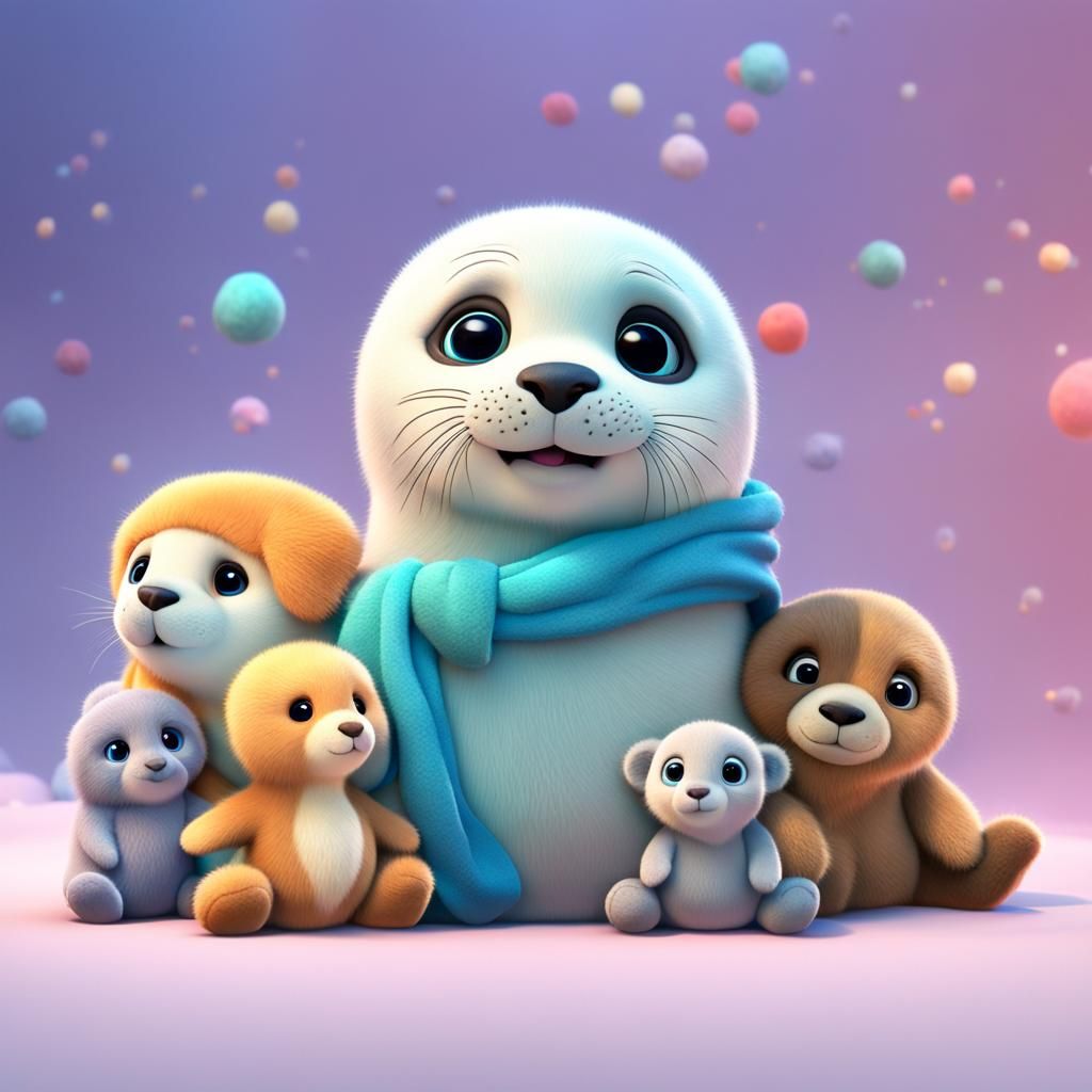 Adorable Baby Seal with Stuffed Animals in 3D