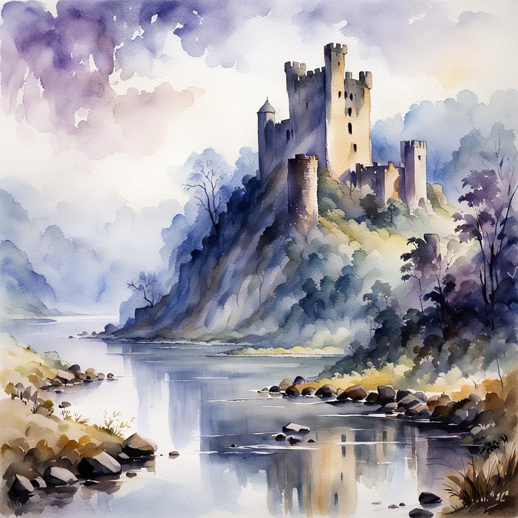 Castle Ruins in Misty River Valley, Watercolor Painting
