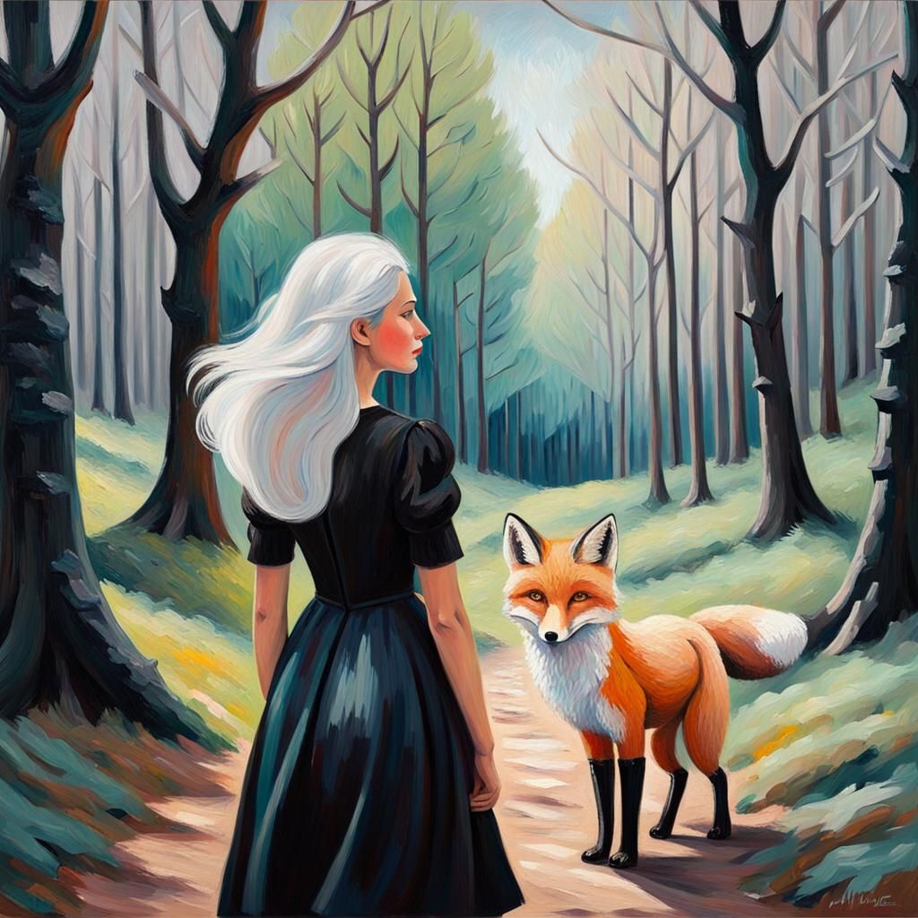 Girl with Fox in Woods: Expressionist Oil Painting