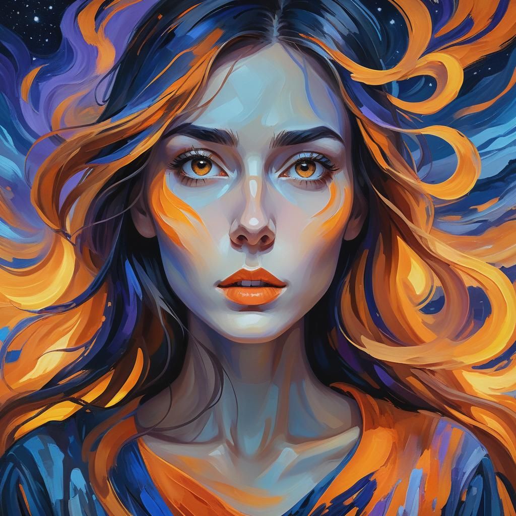 Expressionist Portrait of Girl in Swirling Night Sky