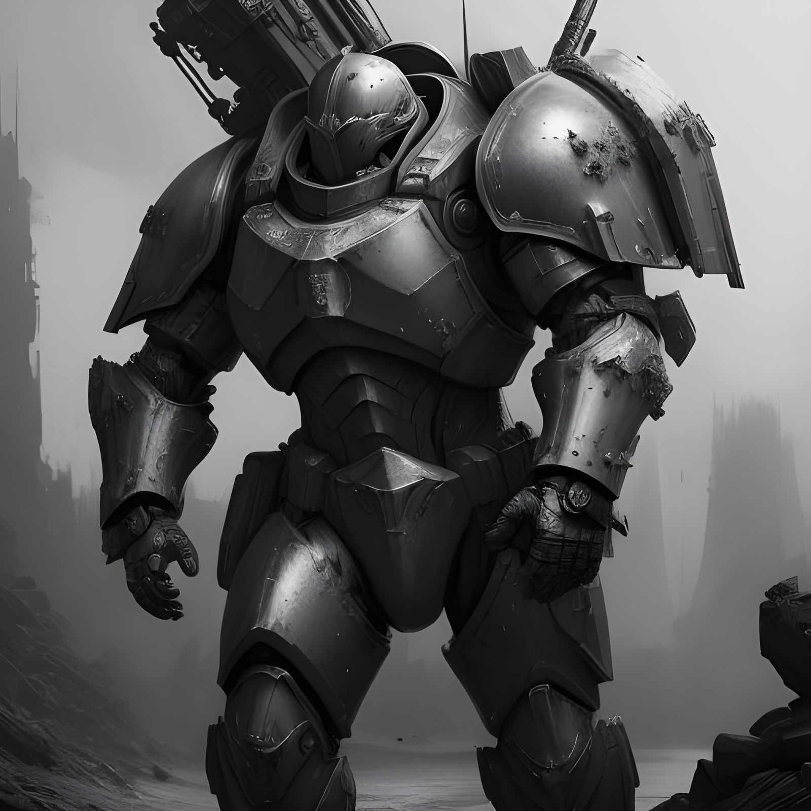 Armored Soldier with Machine Gun in Black and White