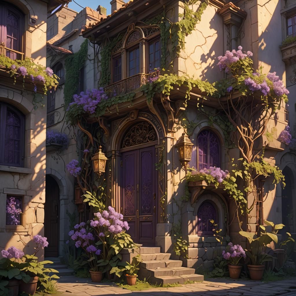 Warm House in Magical City, Alphonse Mucha Style