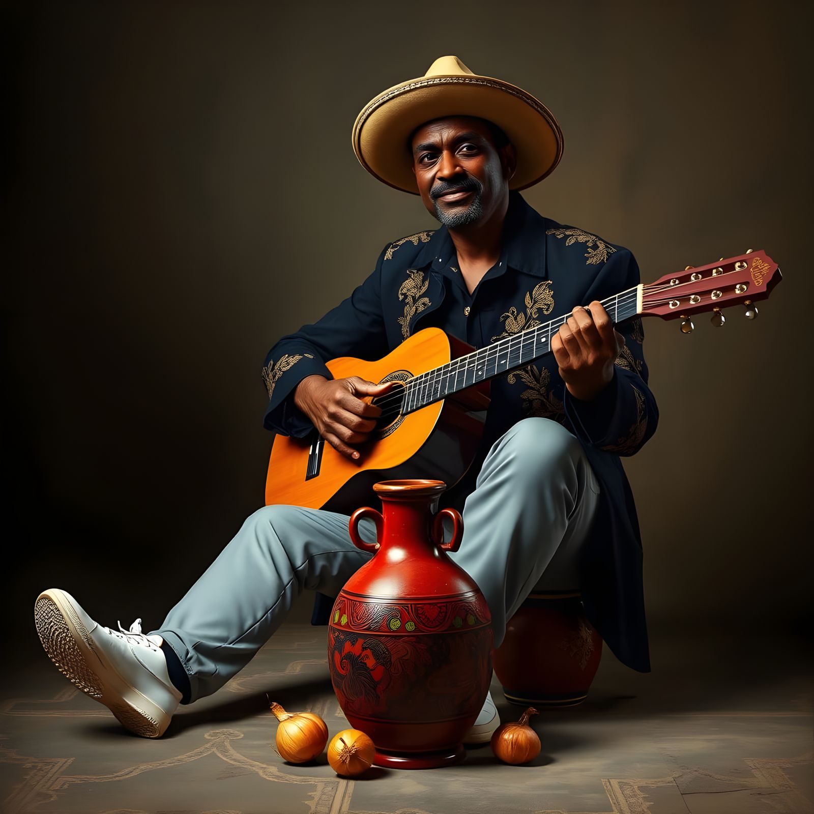 Expressive Spanish Guitarist in Traditional Attire