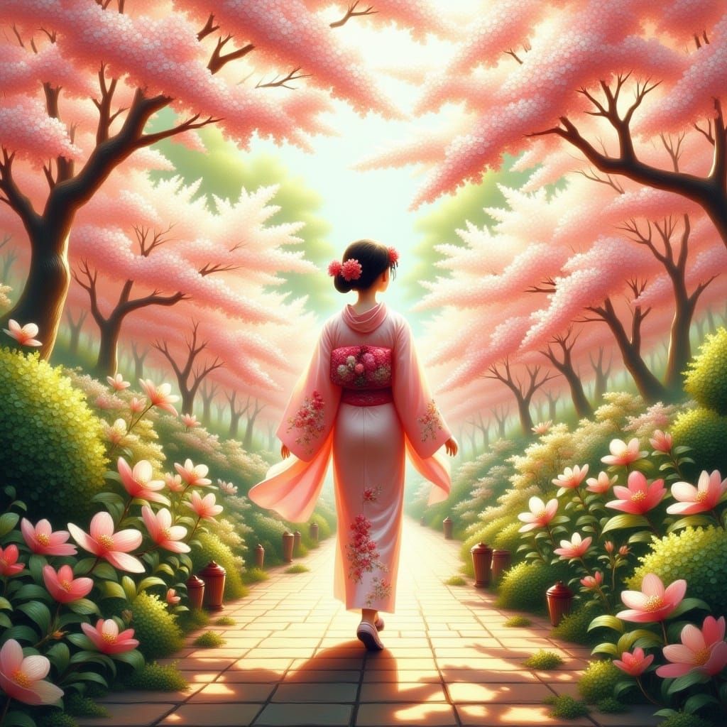 <lora:Oil-HD 2 Flux:1.0> A Japanese young woman walks through the garden and smells the beautiful jasmine