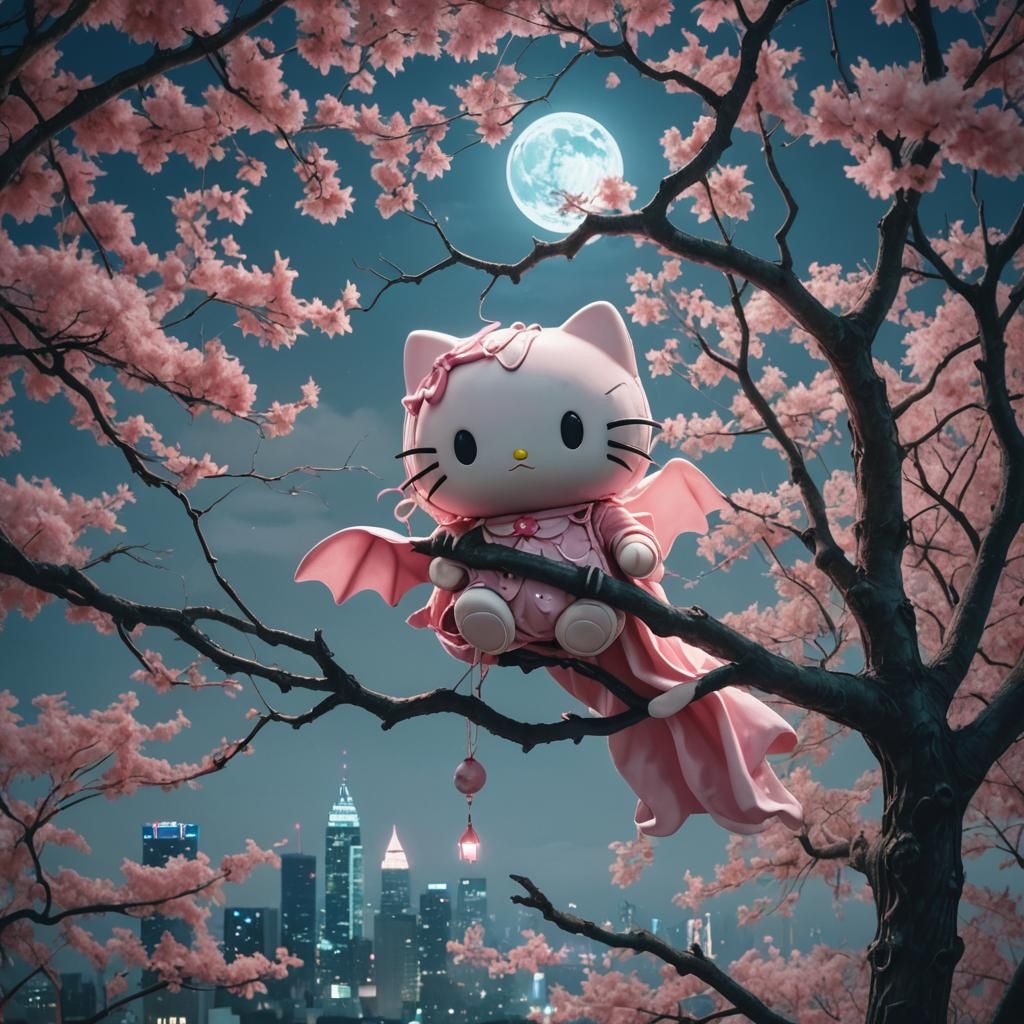 Eerie Hello Kitty Ghost in Moonlight, Kawaii Surrealism