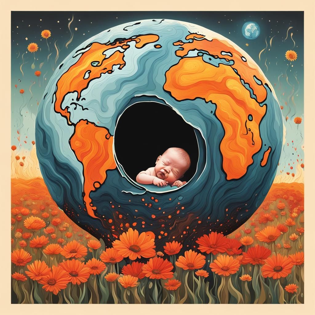 Burning Earth Globe with Crying Baby: Abstract Art