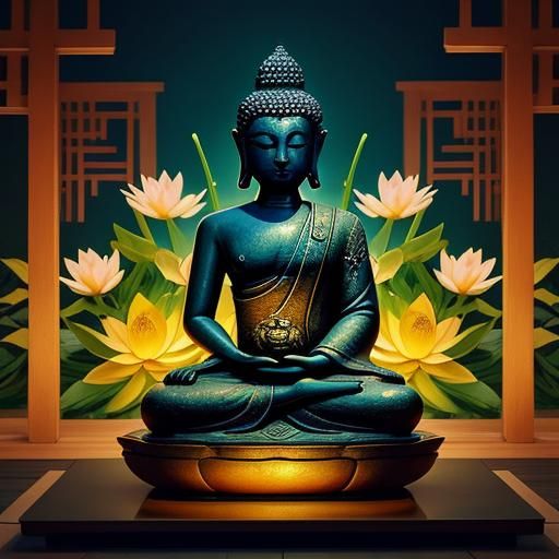 Serene Buddha Statue in Vibrant Splash Art