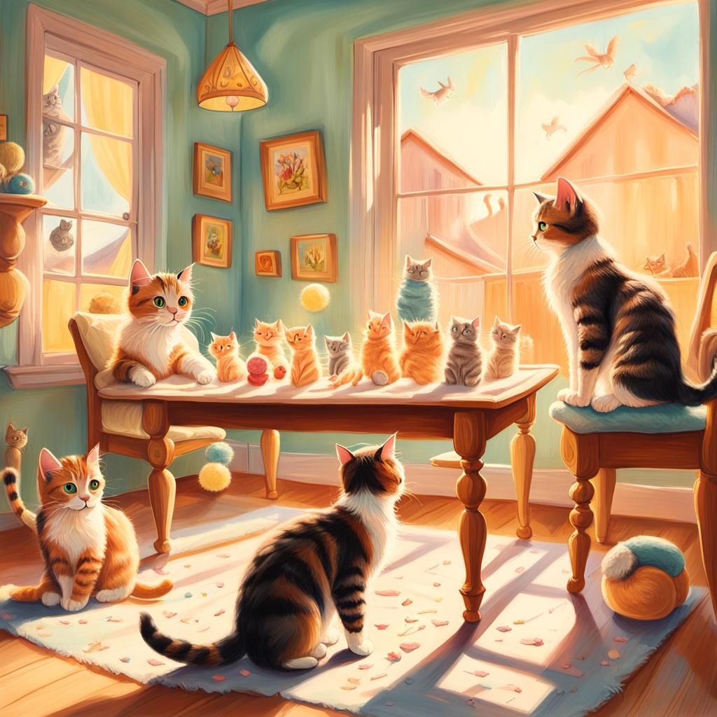 Giant Kittens Chase Miniature Humans, Dreamy Art