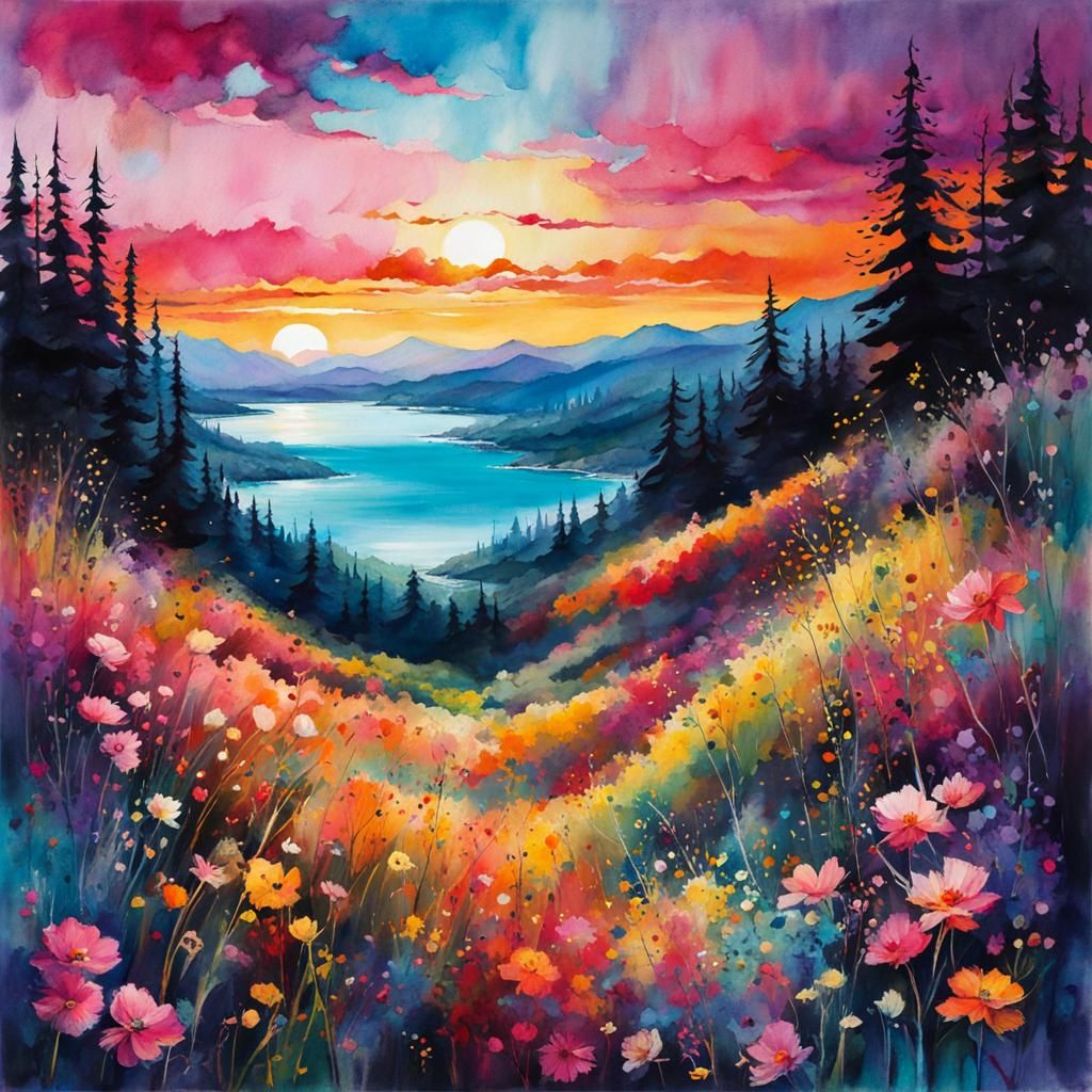 Vibrant Summerscape Sunset: Digital Watercolor Illustration