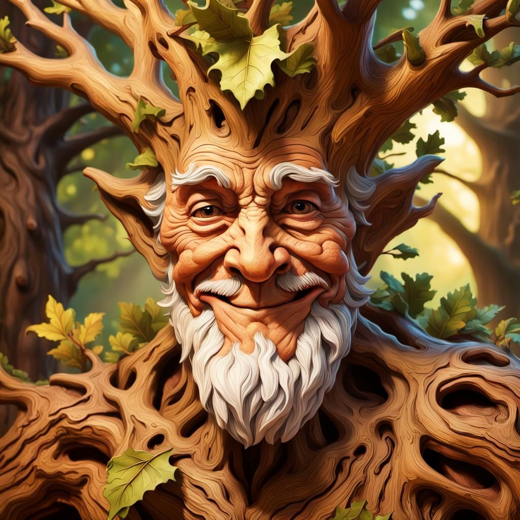 Smiling Oak Treant in Hyperrealistic Fantasy Art