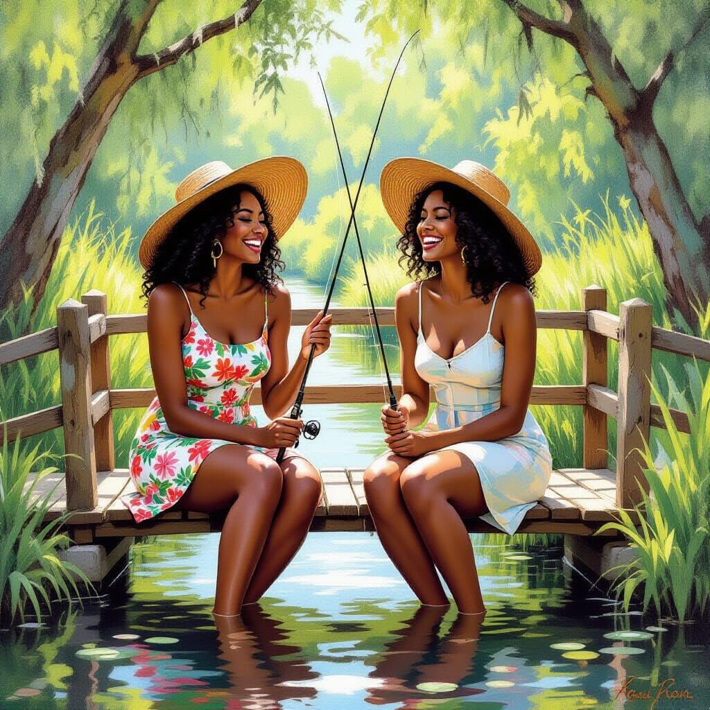 Women Fishing on Bridge in Impressionist Style