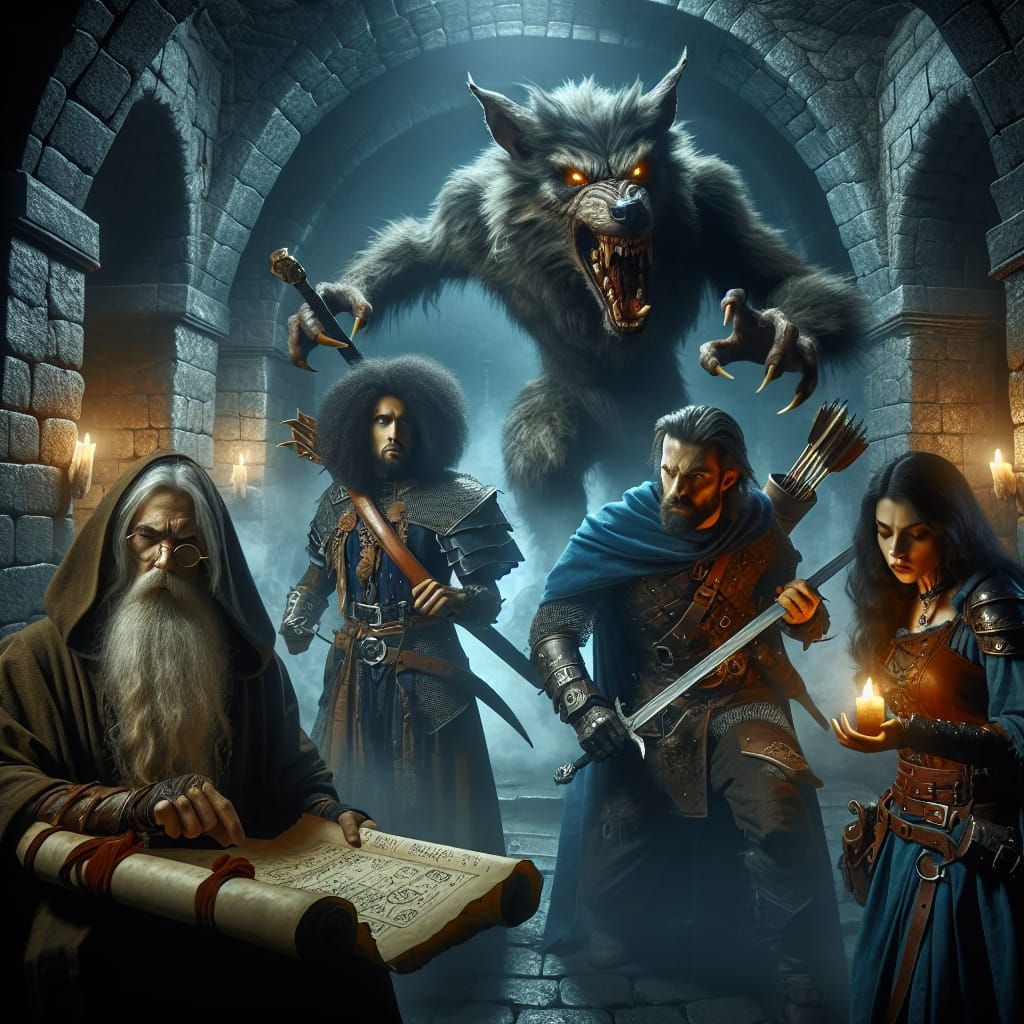 Werewolf Ambush in a Fantasy Dungeon Crypt