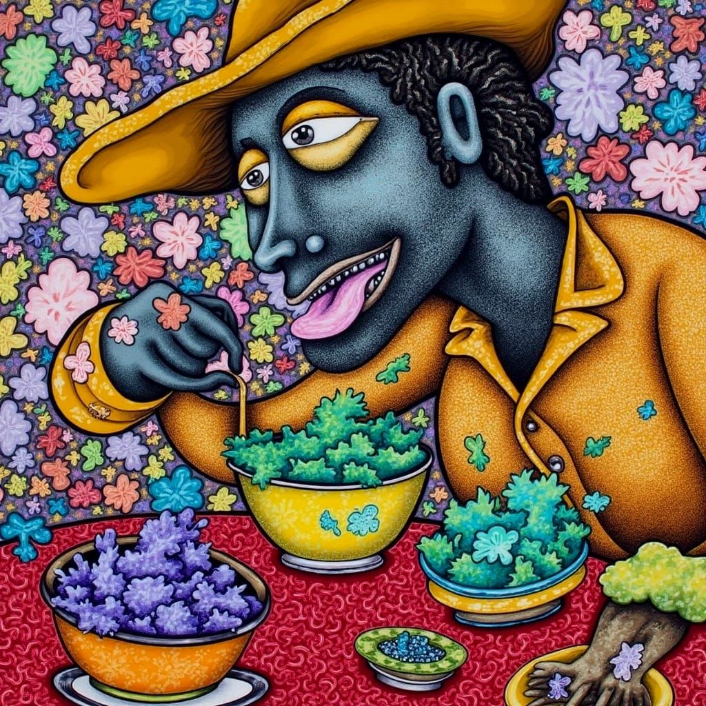 Dog Eating at Waterfront Restaurant in Chicago Imagists Styl...