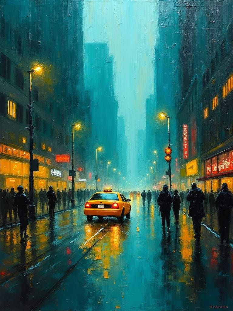 Rainy City Street Scene in Impressionistic Oil Style
