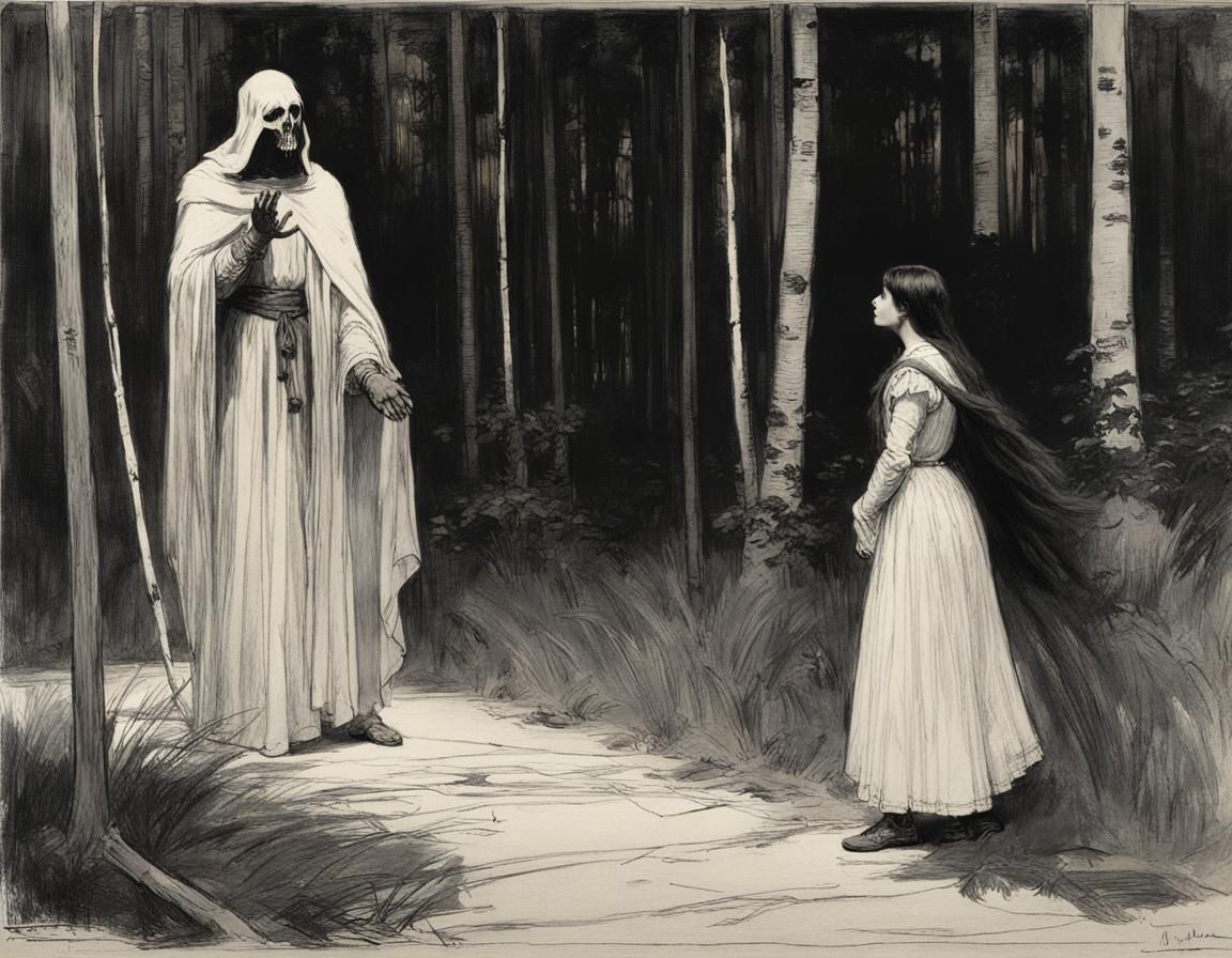 Eerie Encounter with Ghostly Figure in Pre-Raphaelite Style