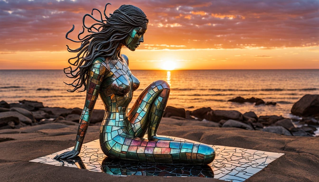 Surreal Fragmented Sculpture of Woman at Sunset