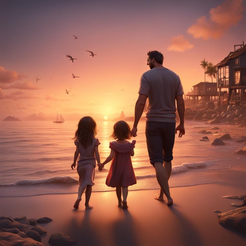 Happy Family at Sunset: A Fantasy Concept Art