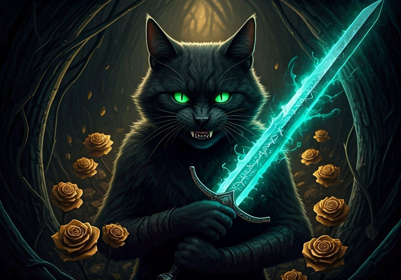 Menacing Black Cat in Enchanted Dark Fairytale Realm