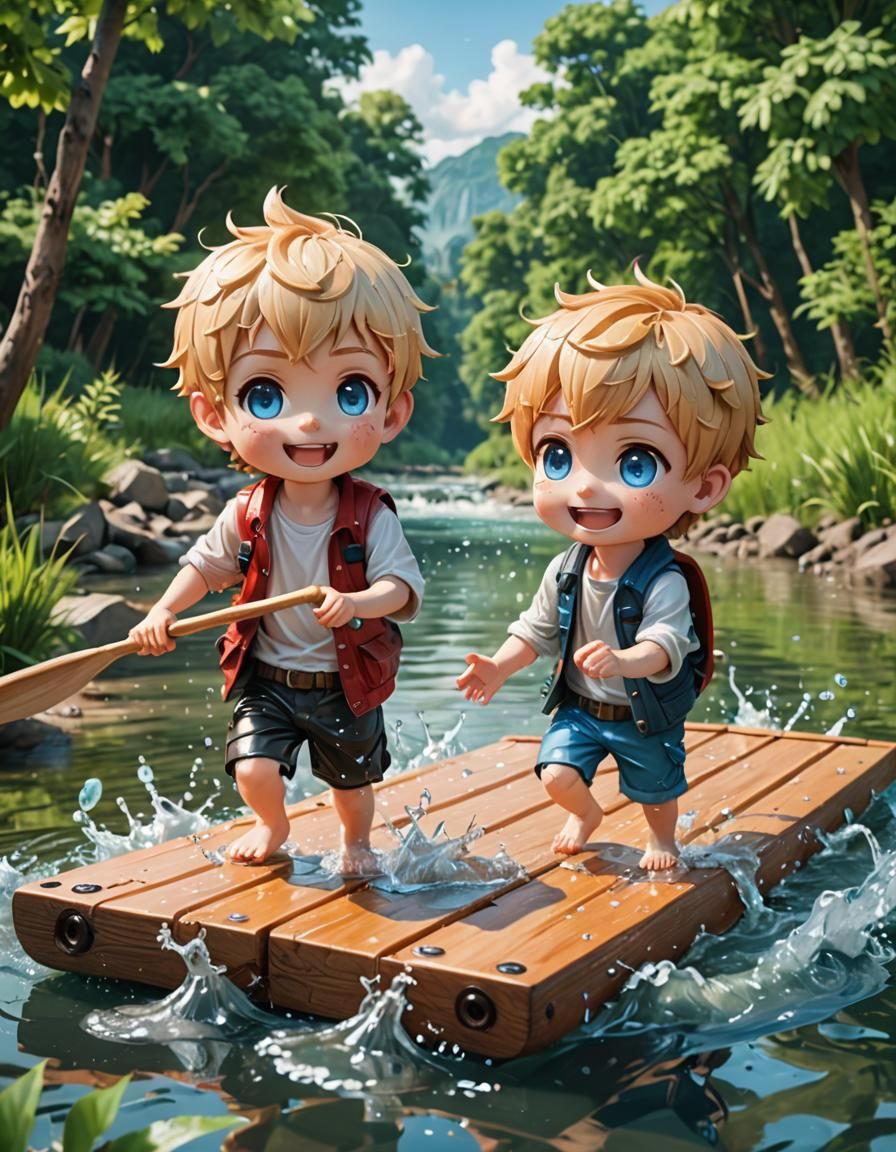 Chibi Boys' River Adventure in 3D Cartoon Style