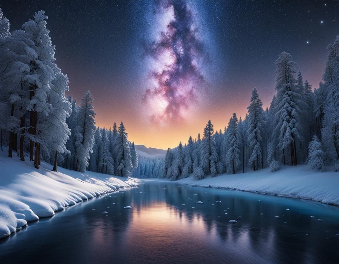Whimsical Winter River Landscape with Starry Sky