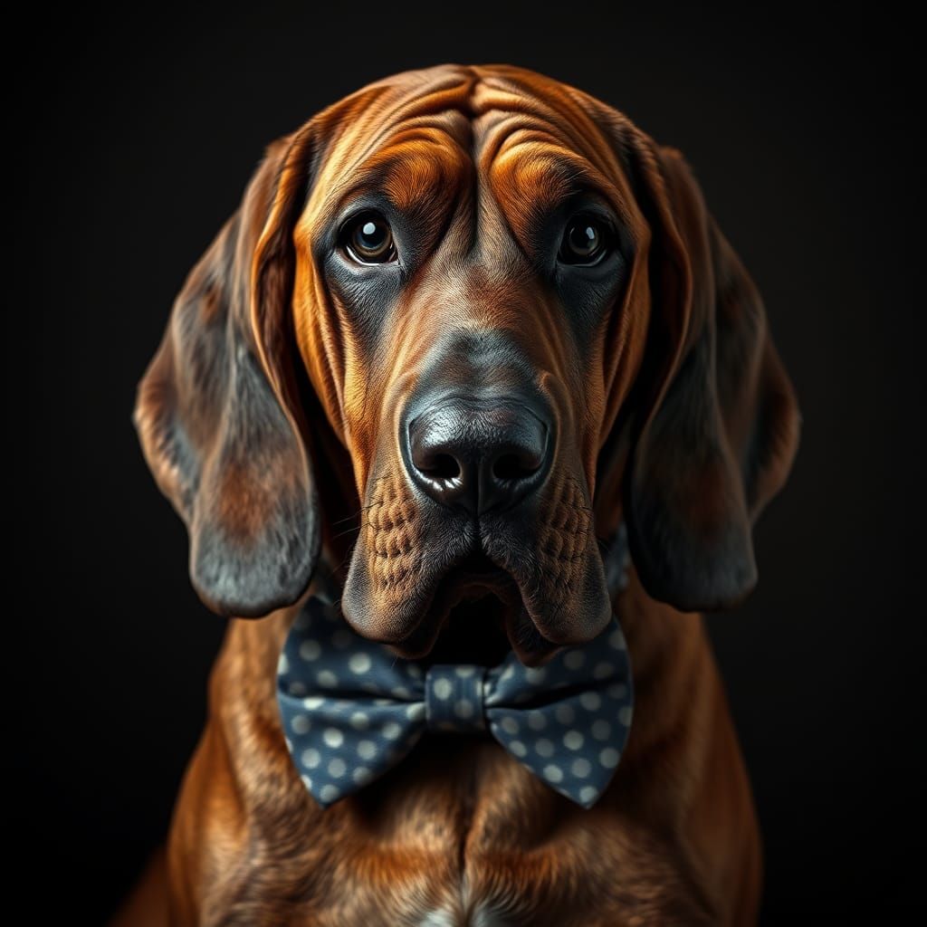 Bloodhound in Bow Tie: Hyperrealistic Cinematic Portrait