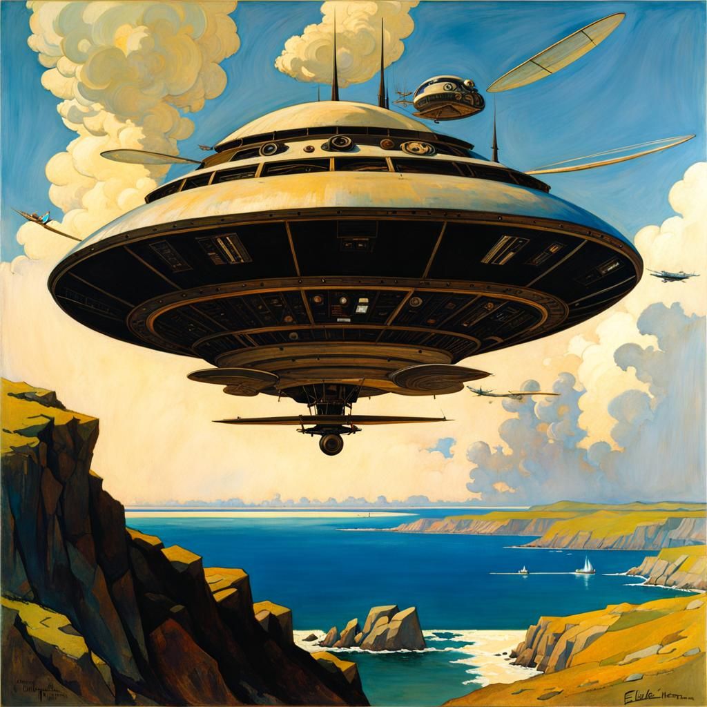Spacecraft Over Coastline in Retro-Futurist Style