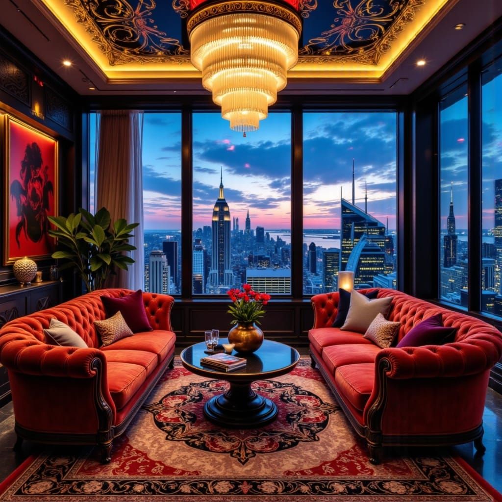 Maximalist Living Room with NYC View in Art Deco Style