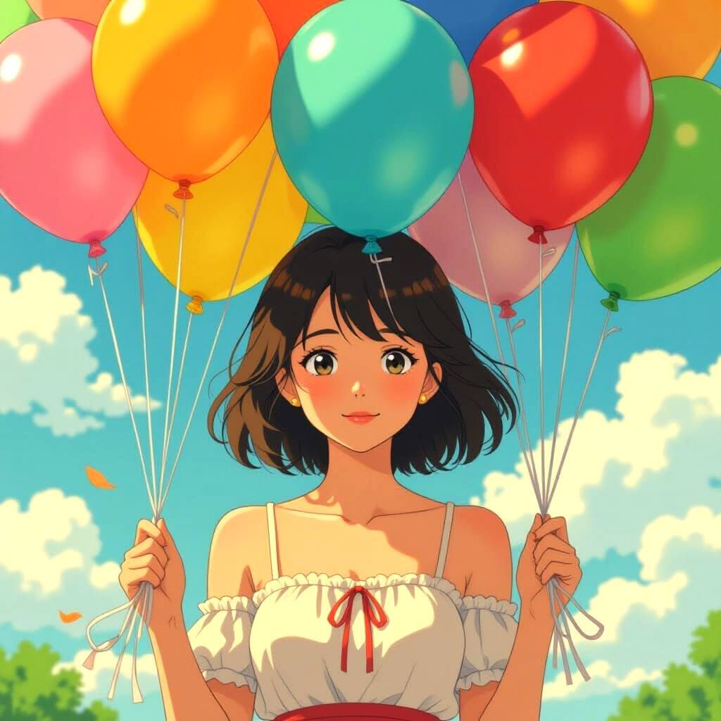 Beautiful Girl with Balloons in Anime Style