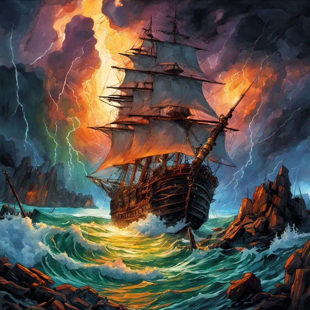 Pirate Harbor in Thunderstorm, Ink and Watercolor