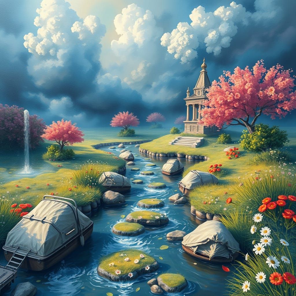 Surreal Garden of Illusions in Gouache and Oil Styles
