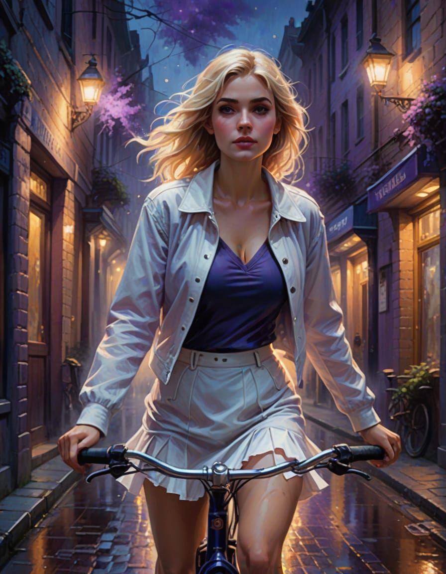 Girl Biking in Rainy Alley: Digital Art
