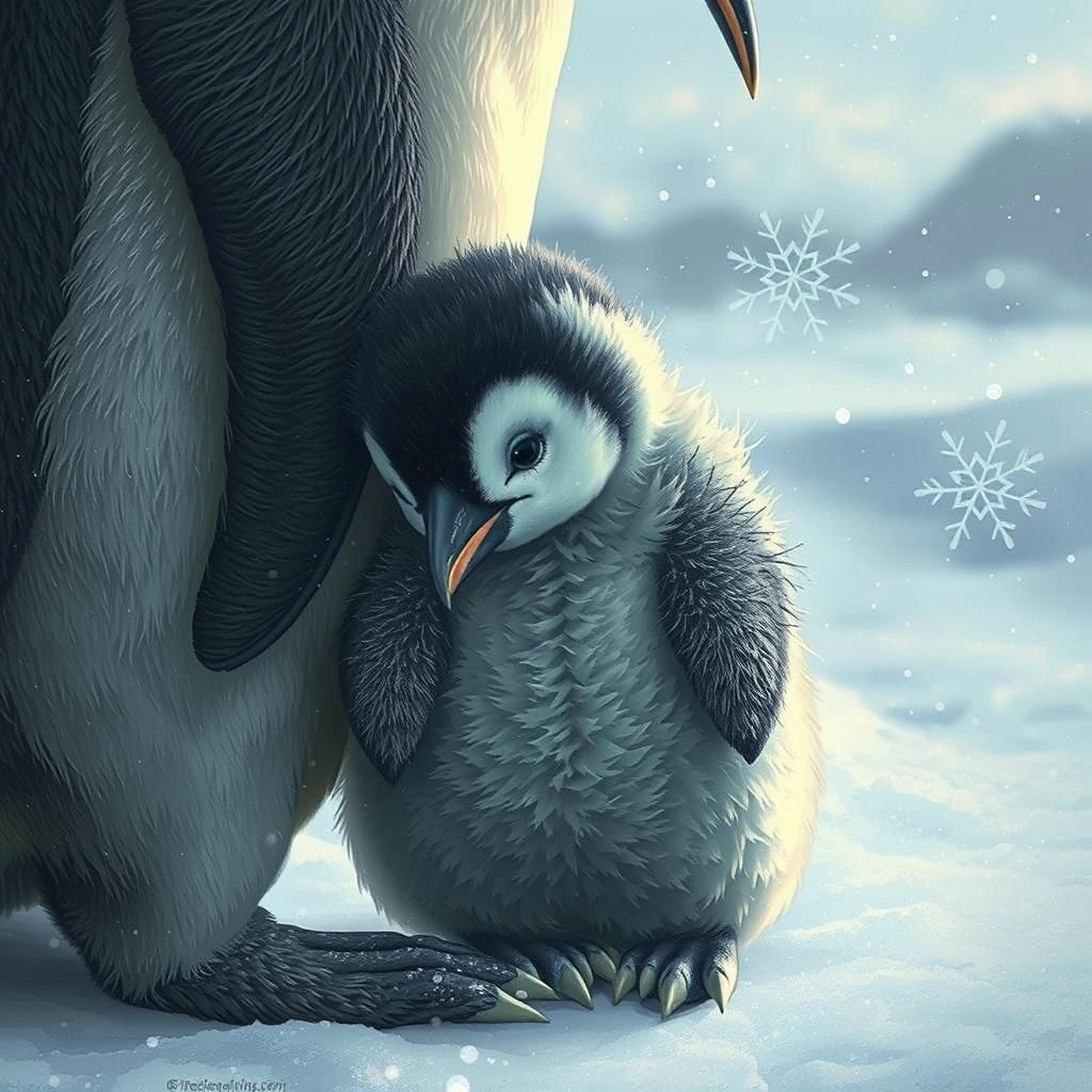 Fluffy Penguin Chick Shivering in Digital Snowscape