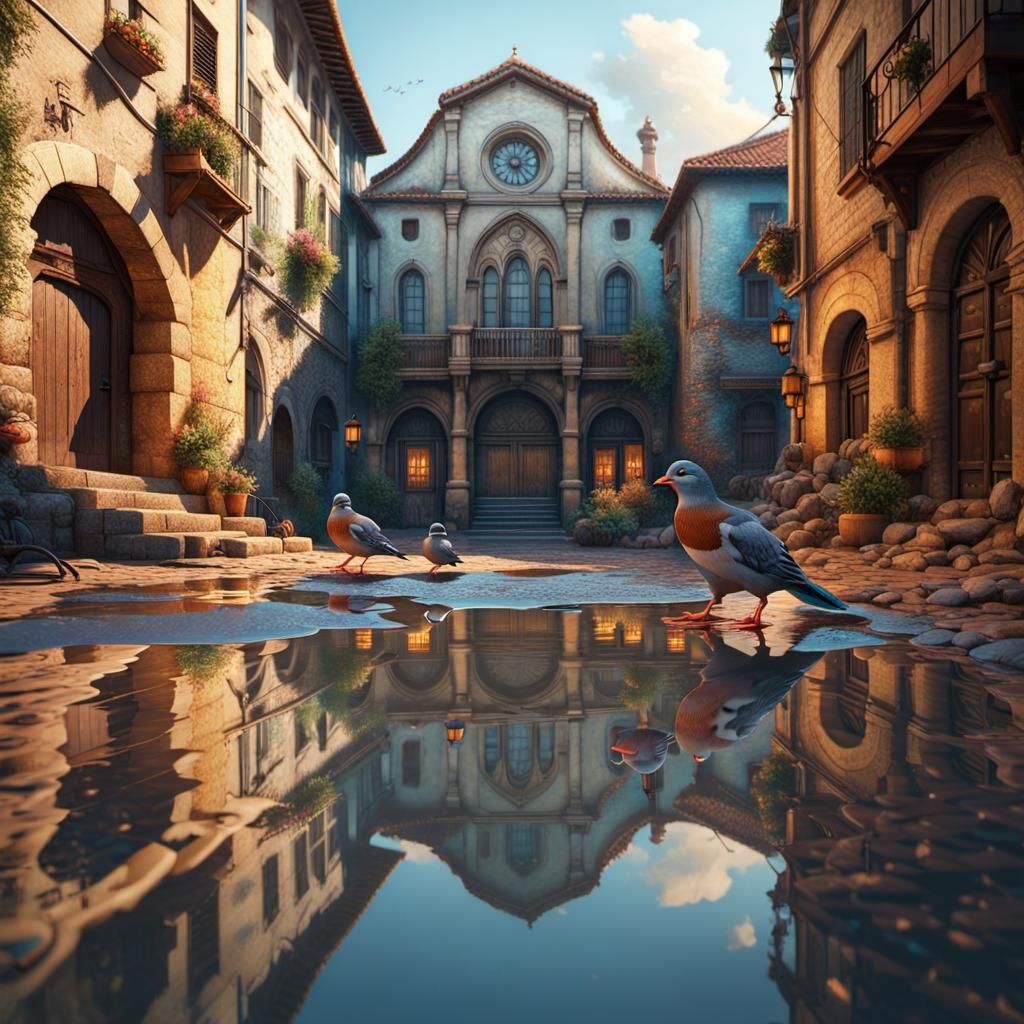 Pigeons Play in Medieval Town Square, Art Nouveau