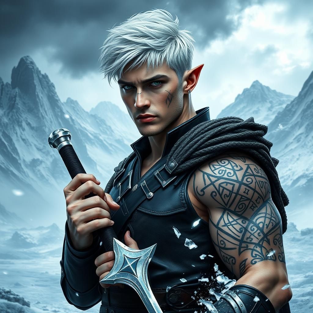 Icy Fae Warrior with Tattoos in Windswept Landscape