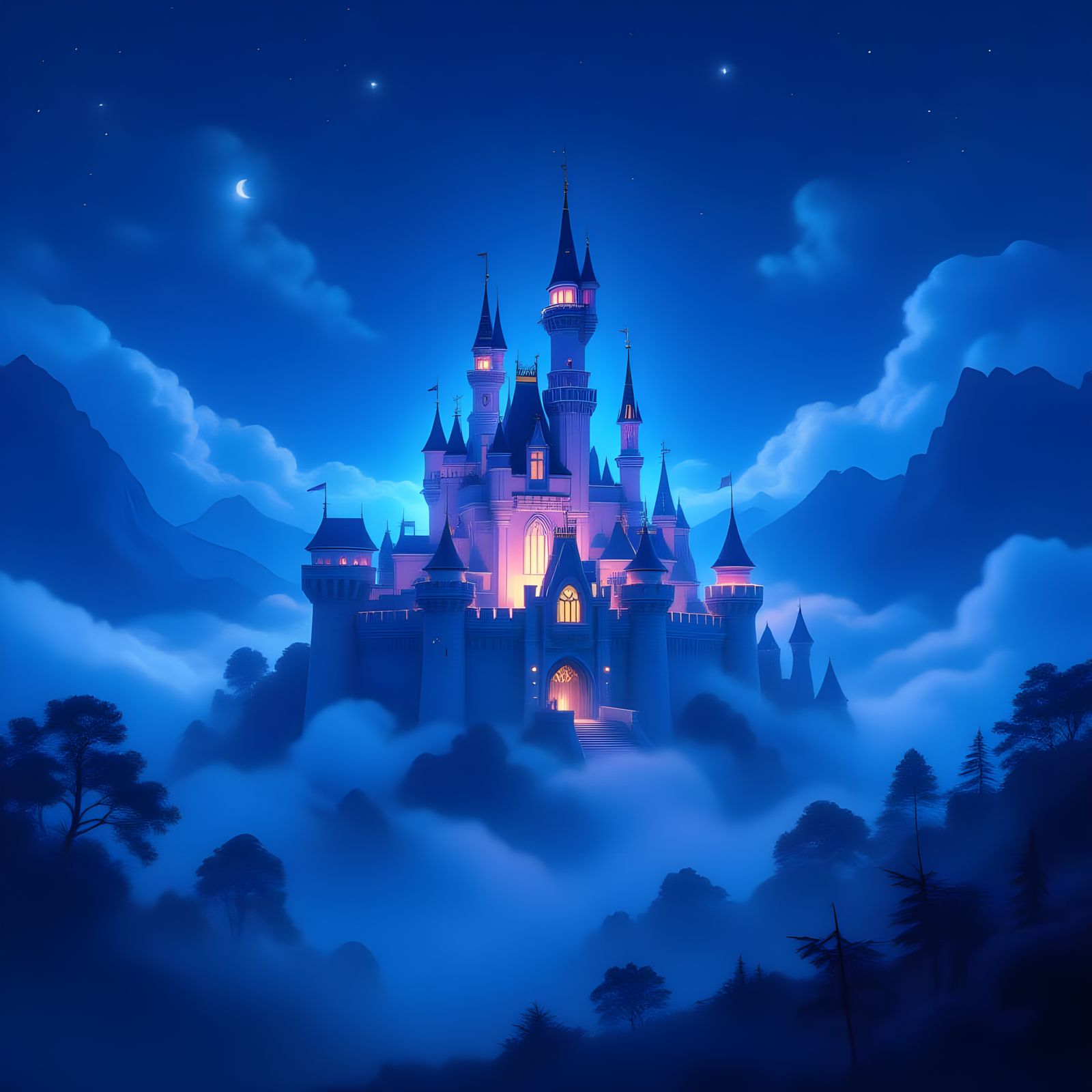 Surreal Glowing Castle in Dreamy Mist at Night
