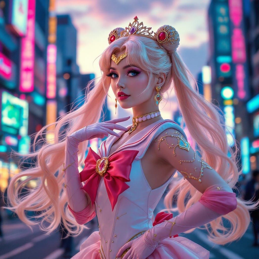 Majestic Sailor Moon Cosplayer in Tokyo Cityscape