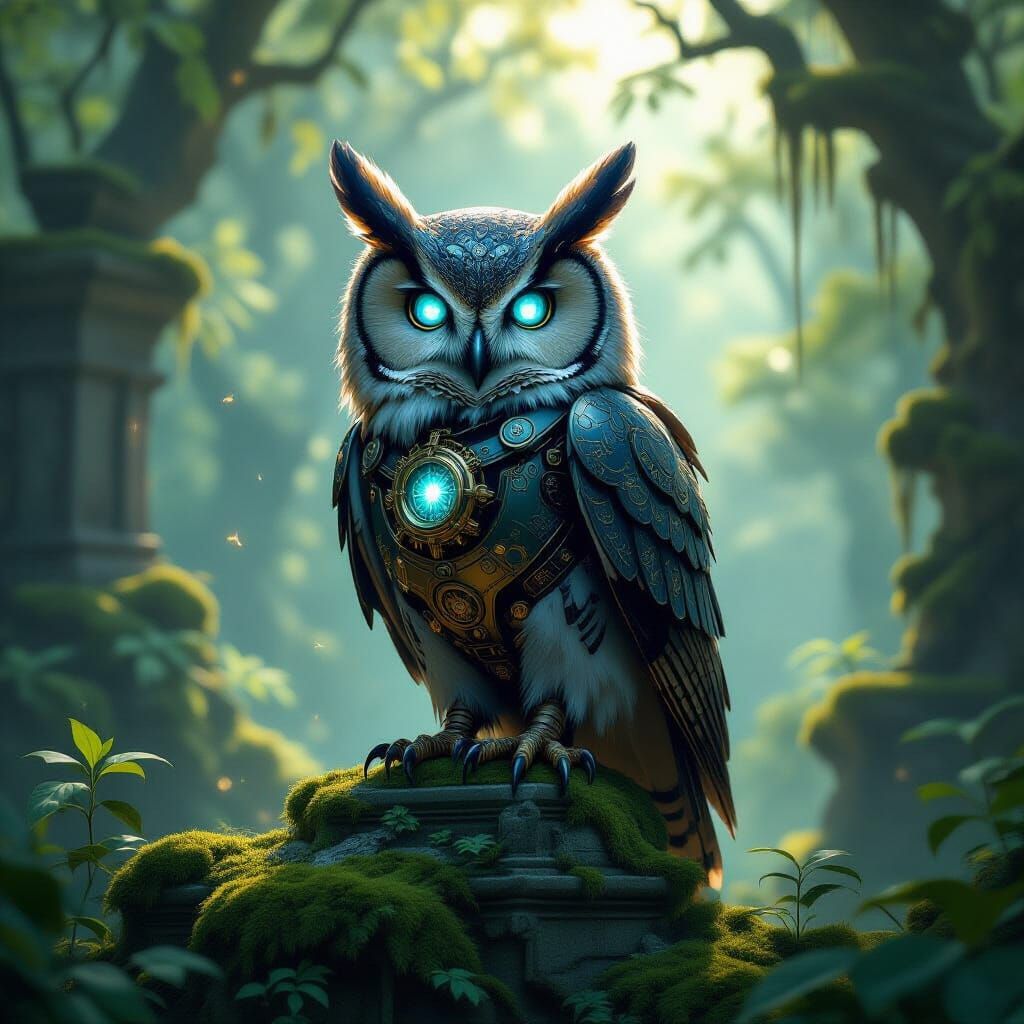 Robotic Owl with Clockwork and Sapphire Eyes on Ancient Ruin