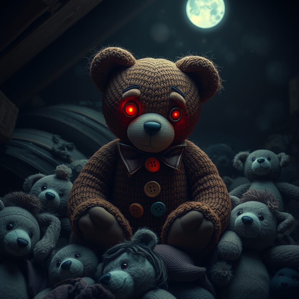 Sinister Teddy Bear with Glowing Red Eyes in Dark Attic