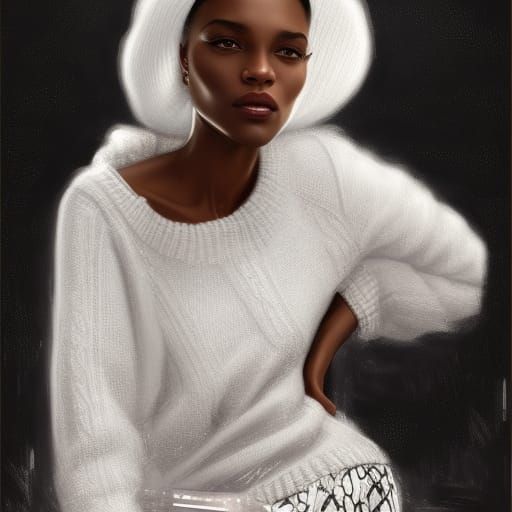 Elegant Black Model in Winter Cityscape, Digital Art