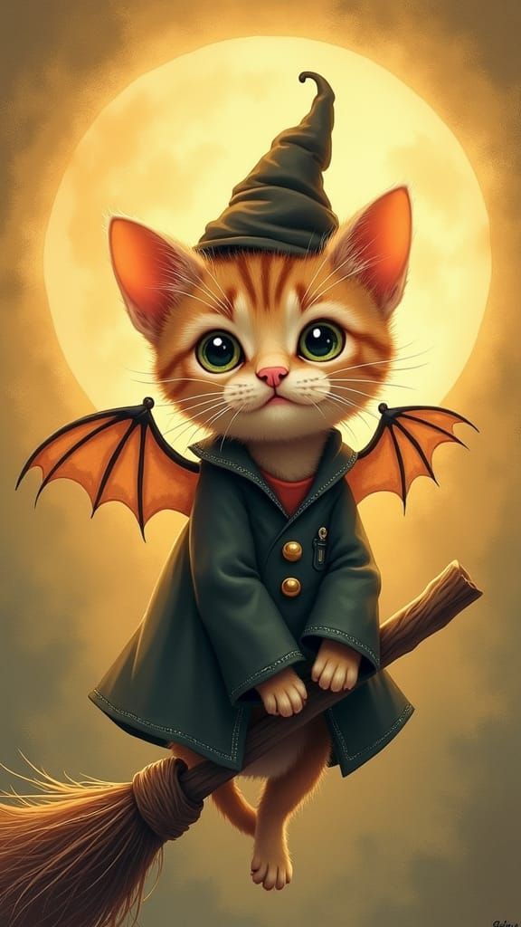 Whimsical Kitten Wizard Flying on Broomstick